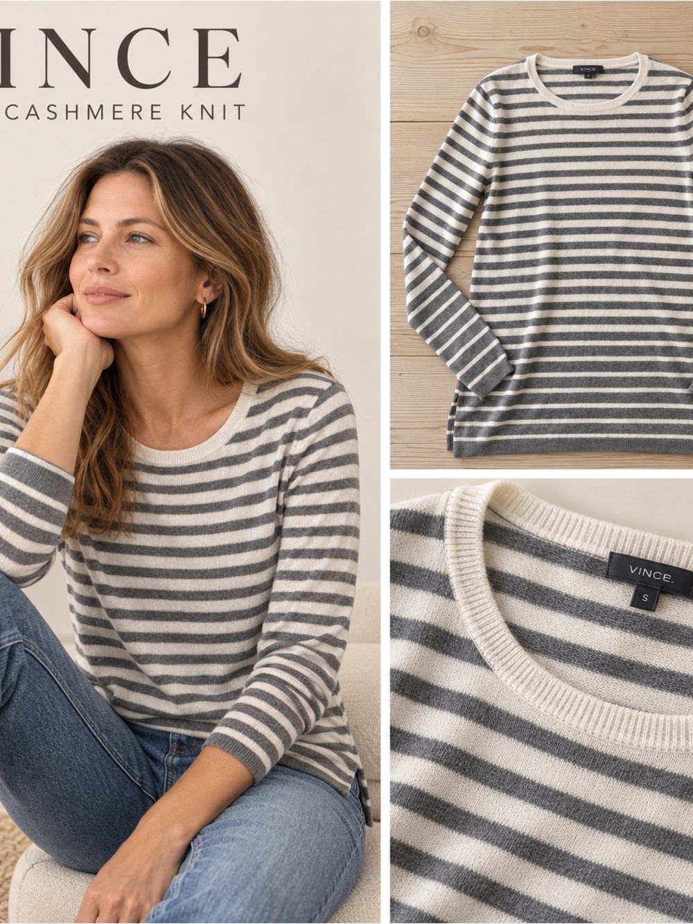 Vince Silk Cashmere Striped Sweater Small Gray Ivory Lightweight Knit
